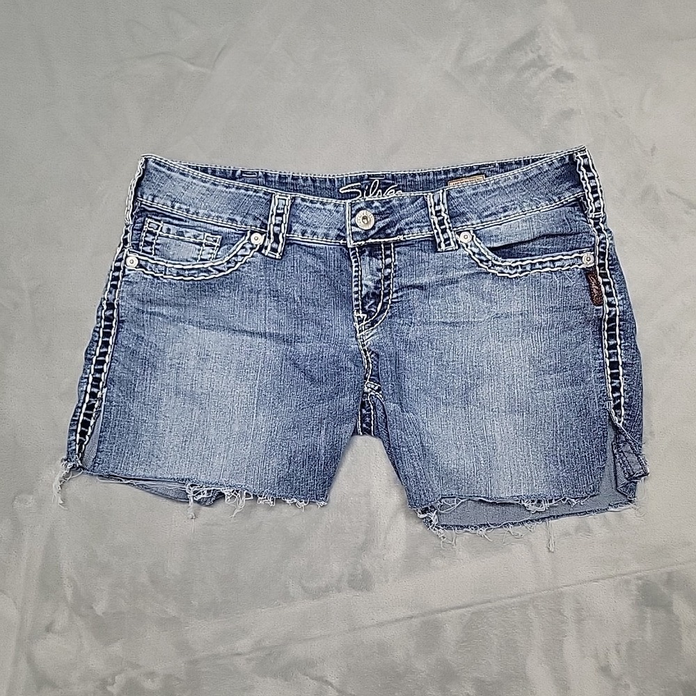 Silver Jeans Shorts Womens 31 Blue Mckenzie Cut Off Denim Y2K Thick Stitch
